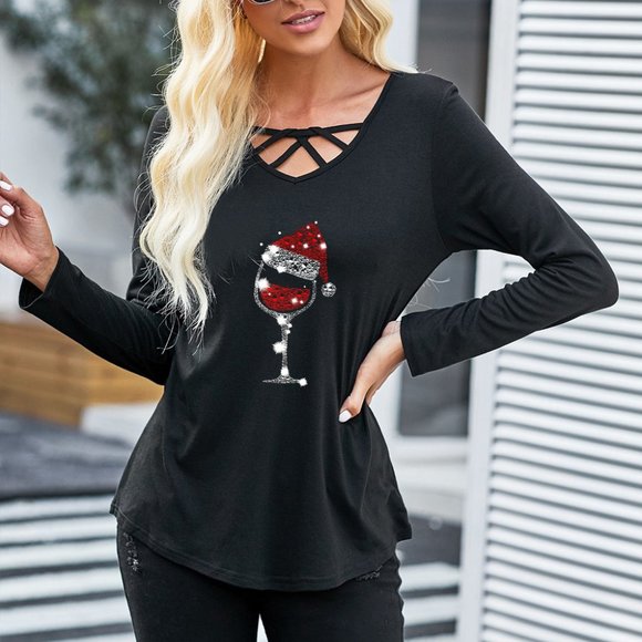 Christmas Santa Hat Wine Glass Criss Cross Vneck Shirt - Picture 5 of 8